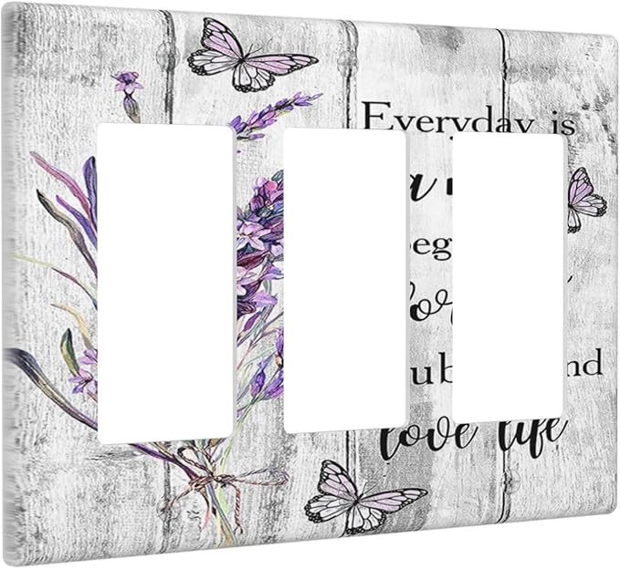 Light Switch Cover Purple Lavender Flower Butterfly on Wood Plank 3 Gang Wall Plate Triple Light Switch Plate Inspirational quotation Floral Rocker GFCI Outlet Covers Decorative Receptacle Cover