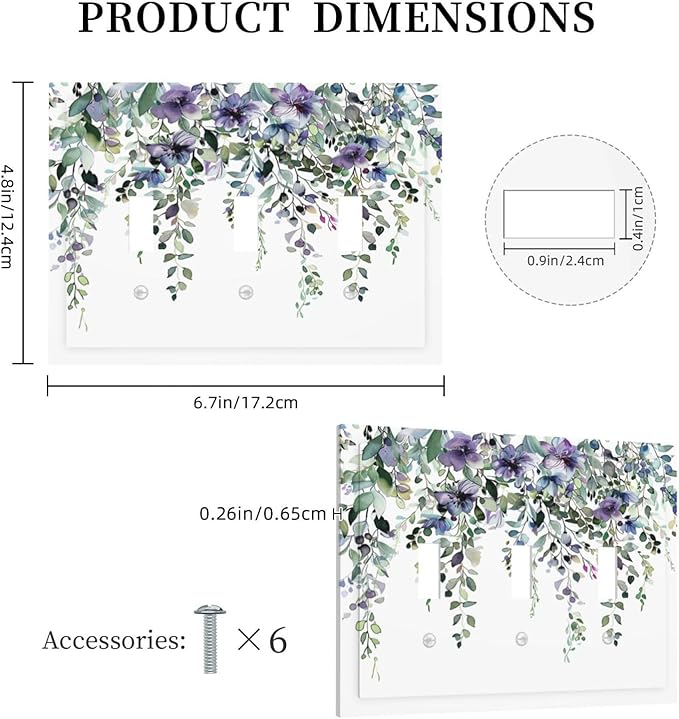 Light Switch Cover Plate Blue Purple Eucalyptus Leaves Boho Botanical 3 Gang Triple Toggle Decorative Switch Plates Wall Plates Electrical Switchplate Faceplate for Bathroom Home Decor