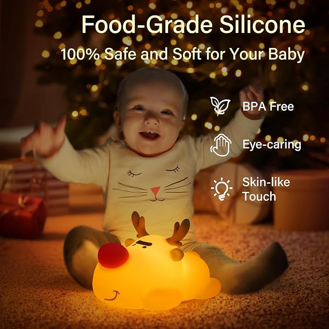 Reindeer Night Light, Soft Squishy Silicone Kids Nightlight, 3 Level Dimmable Touch Lamp with Timer, 1200mAh USB Rechargeable Baby Nursery Lamp, Xmas Gifts Kawaii Bedroom Decor