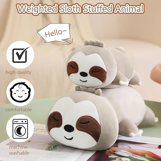 SQEQE Weighted Sloth Plush, Weighted Sloth Stuffed Animal, Cute Sloth Plushies Sloth Pillow Toy Gift for Kids Adults Brown 9.8 Inch, 0.8 Lbs