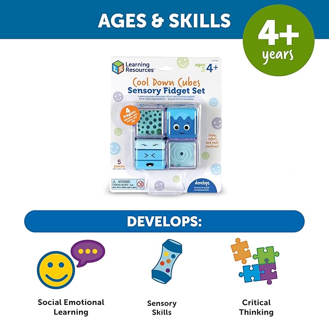Learning Resources Cool Down Cubes Sensory Fidget Toys - Quiet Fidgets for Kids, Toddlers, and Adults - Calming Corner Items for Classroom or Home, Small Tactile Tools for Play, Focus, and Travel