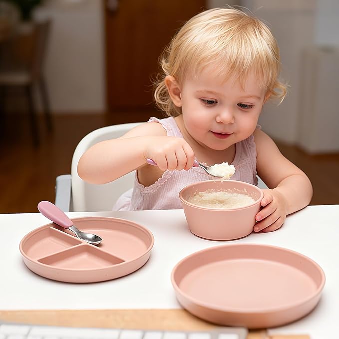 Complete tableware set, 6 pieces, water cups, dinner plates, divided dinner plates, bowls, spoons, and forks. (pink)
