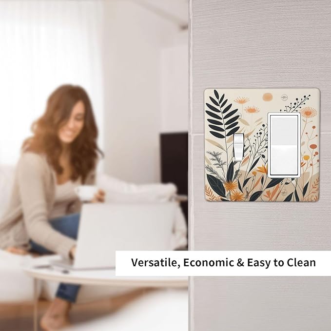 Light Switch Cover Plate Minimalist Floral Boho Botanical Wildflowers 2 Gang Combo Wall Plates Toggle Rocker Decorative Switch Plates and Outlet Covers for Bathroom Bedroom Decor