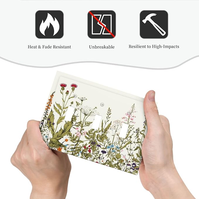 Country Vintage Wild Flowers Floral 3 Gang Light Switch Plate Decorative Triple Toggle Wall Plate Cover Electrical Faceplate Switch Face Plate