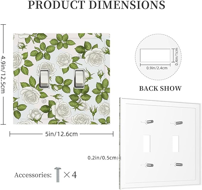 Elegant White Roses & Green Leaves Floral Double Toggle Switch Cover - 2-Gang Standard US Size Timeless Rose Garden Light Switch Covers for Bathroom Bedroom Vanity Decor