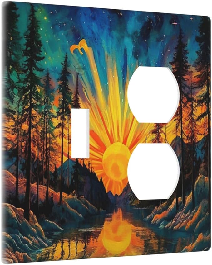 Light Switch Cover Plate Vintage Forest Sun Boho Mountain Starry Sky 2 Gang Decorative Switch Plates 1 Toggle Duplex Combo Outlet Covers GFCI Wall Plates for Bathroom Bedroom Decor