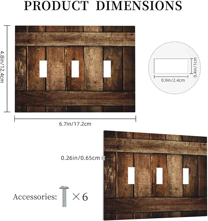 Brown Wooden Barn Door Old Wood Print Decorative Switch Plates 3 Gang Wall Plate Triple Toggle Light Switch Cover Faceplate Electrical Wall Panels for Farmhouse Home Decor