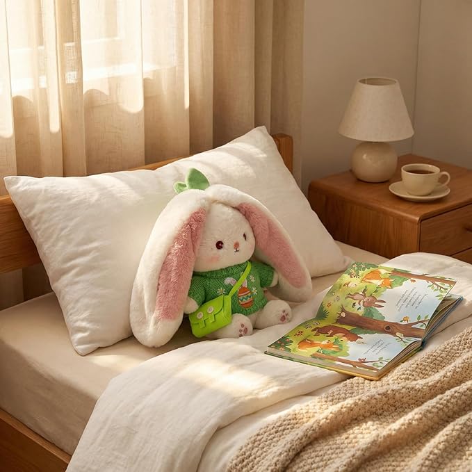 5Pcs Bunny Plush with Clothes & Accessories, Cute Bunny Stuffed Animal Reversible, Strawberry Carrot Bunny Transformed Rabbit Plush Zipper Soft Doll Easter Birthday Party Gift (5PCS Set Strawberry)