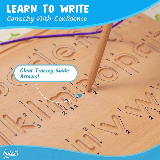 Hulats Learn to Write - Number & Letter Tracing Boards with Direction Arrows - Wooden Alphabet Learning Montessori Toys 4+ Year Old Toddler Writing Tools Beginner Preschool Classroom Must Haves
