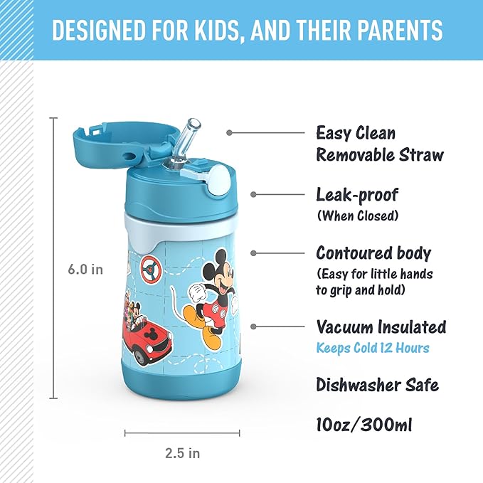 Thermos Baby 10 oz. Stainless Steel Bottle with pop-up straw, Mickey and Friends