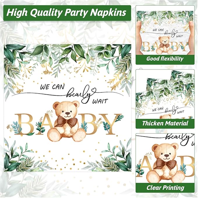 Naozinebi 200PCS Sage Green Bear Baby Shower Decoration Teddy Plates Napkins We Can Bearly Wait Paper Plates Greenery Bear Party Tableware Set for Gender Reveal Neutral Party Decor Supplies Serves 50