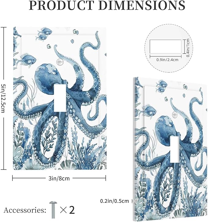 Blue Octopus Squid Seahorse Coral Watercolor Wild Sealife Decorative Light Switch Cover 1 Gang Single Toggle Device Electrical Faceplate Switchplates Decorator Outlet Wall Plate for Bathroom Kids Room