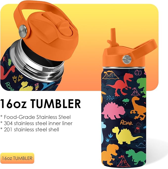 Dinosaur Gifts for Kids - 16oz Colorful Dino Water Bottle with Straw Lid, Stainless Steel Insulated Tumbler, Leakproof, BPA-Free, for Boys & Girls, School, Travel - Dino Lovers Birthday Gift Cup (1pc)
