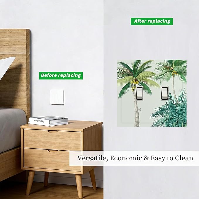 Tropical Palm Tree & Paradise Leaves Double Toggle Switch Cover - 2-Gang Standard US Size Island Vacation Vibes Light Switch Covers for Living Room Decor