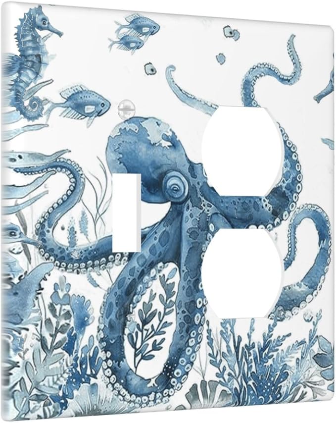 Blue Octopus Squid Seahorse Coral Watercolor Wild Sealife Wallplates 1 Toggle 1 Duplex Switch Plate Electrical GFCI Faceplate Decorative Light Switch Covers for Bathroom Kids Room Decor