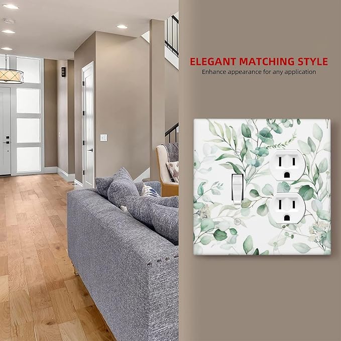 Boho Green Eucalyptus Leaf Floral Plants Flowers Wallplates 1 Toggle 1 Duplex Switch Plate Electrical GFCI Faceplate Decorative Light Switch Covers for Bed Room Living Room Decor