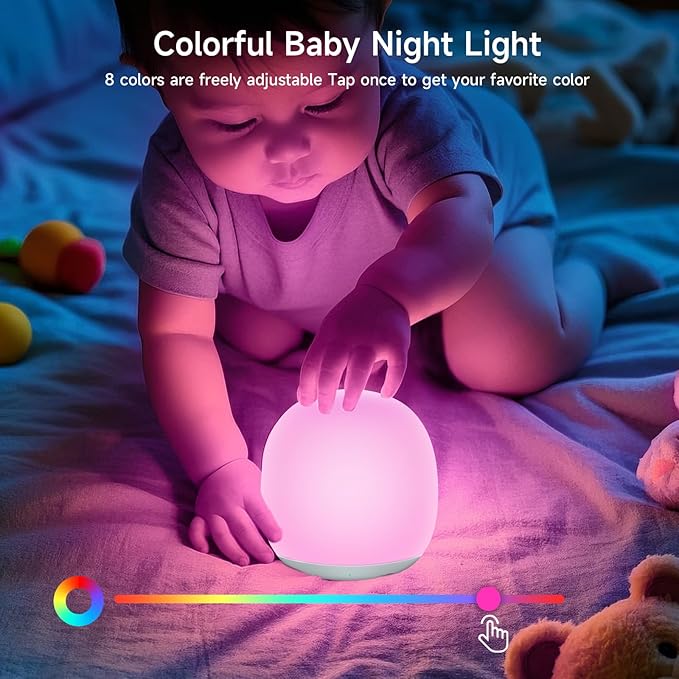 Tyute Baby Night Light, Nursery Night Lamp with 8 RGB Colors Changing, Soft BPA Free Silicone Touch Night Light for Kids Room Breastfeeding, 1h Timer, Rechargeable & Stepless Dimming