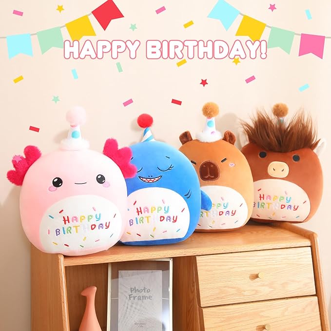 SQEQE Axolotl Stuffed Animal Toy Happy Birthday Axolotl Plush Cute Pink Birthday Plushies Doll Home Decor for Kids Girls Boys 10 Inch