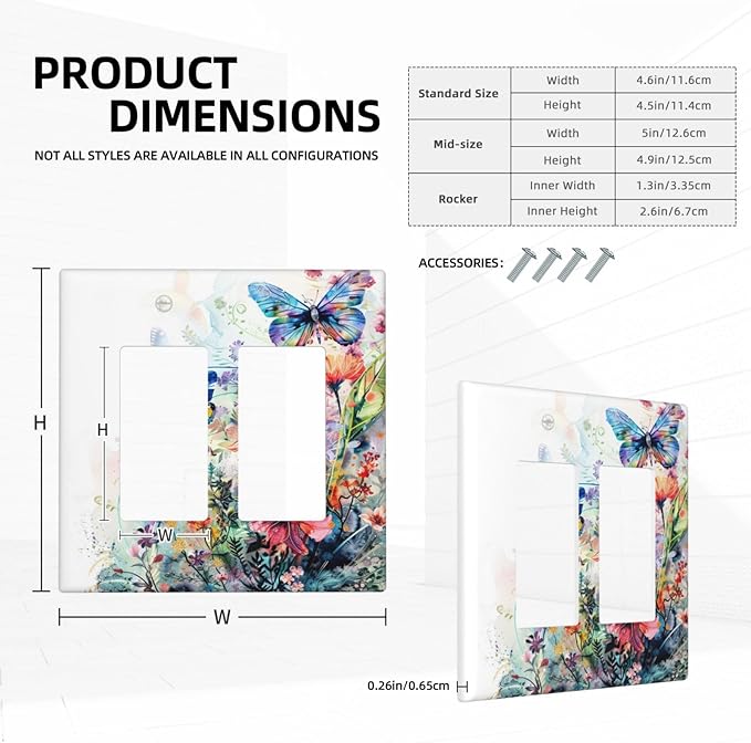 Light Switch Cover Watercolor Colorful Floral Butterflies Wildflowers 2 Gang Double Rocker Outlet Covers Decorative Switch plates Electrical Wall Plates GFCI Receptacle for Bathroom Bedroom