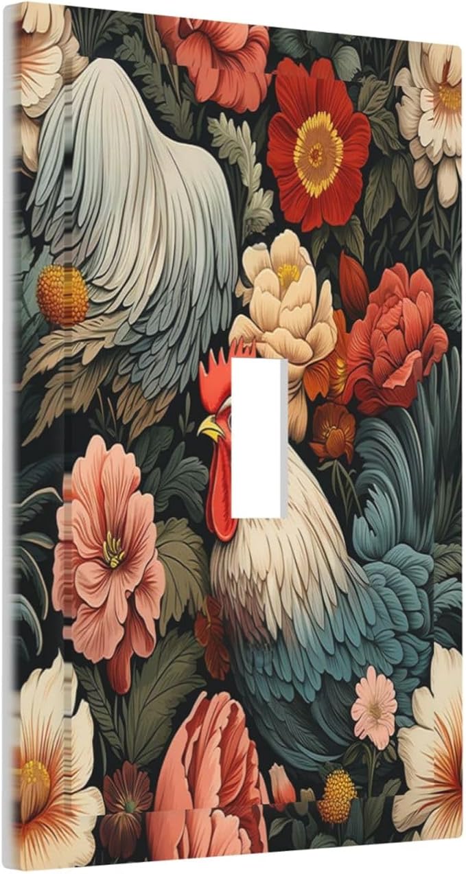 Decorative Light Switch Cover Rooster Flowers Red White Chicken Floral 1 Gang Single Toggle Device Electrical Faceplate Switchplates Decorator Outlet Wall Plate for living Room Farmhouse