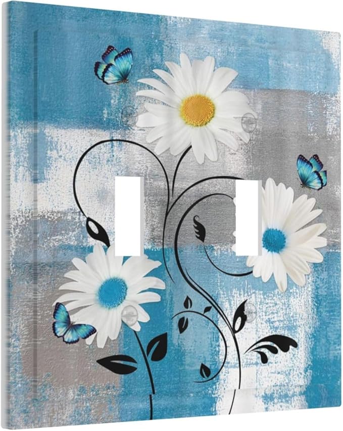 Rustic Daisy Teal Blue Floral Vintage Plant Double Toggle Light Switch Covers 2 Gang Wall Plate Dual Decorative Switchplate Electrical Faceplate for Farmhouse Bathroom Bedroom Decor