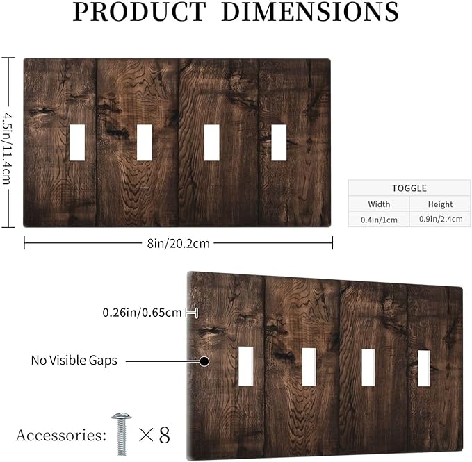 Rustic Brown Wood Plank Vintage Wooden Texture Print Light Switch Covers Quad Toggle Electrical Faceplate 4 Gang Wall Plate Decorative Switch Plates Cover for Farmhouse Home Decor