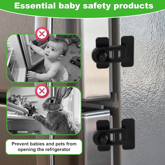 2pcs Child Safety Refrigerator Lock with Adhesive Pads, Childproof Fridge Lock for Kids Baby Cabinet Locks for Oven RV Doors Drawers (Black)