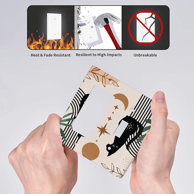 Black Boho Mid Century Cute Cat 2 Gang Combo Device 1-Toggle 1-Decorator/GFCI Receptacle Outlet Light Switch Cover 70s Neutral Moon Aesthetics Abstract Art Two Gang Combination Rocker Face Wall Plate