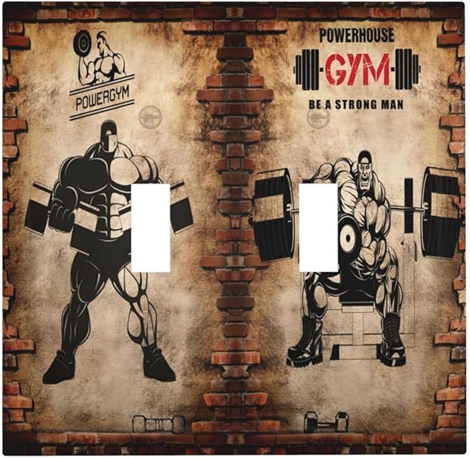 Vintage Gym Retro Brick Dumbbell 2 Gang Double Toggle Wall Plates Light Switch Cover Decorative Electrical Switchplate Faceplate Dimmer for Bedroom Kidroom Bathroom Gyms Decor