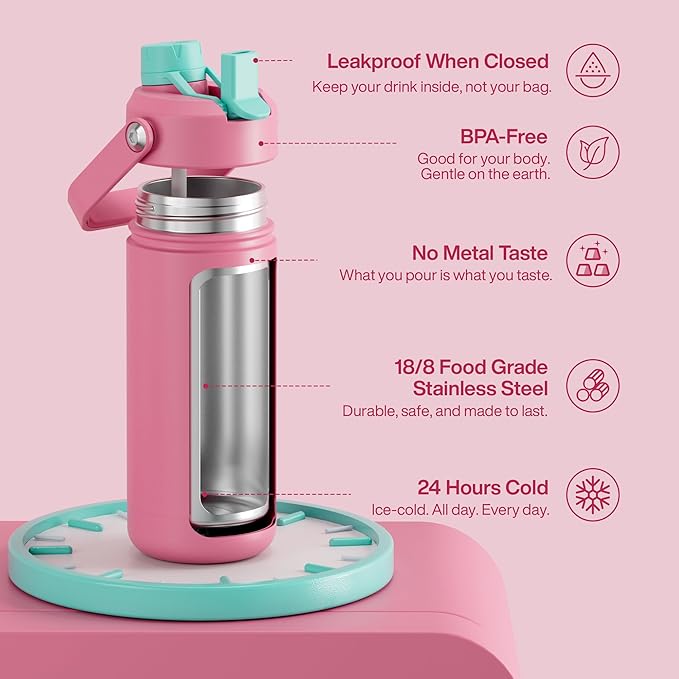 ENCOOL Insulated Water Bottle with Straw Stainless Steel Water Bottle, Leak-Proof, BPA-Free, Double Wall Vacuum Keeps Cold for 24 Hours for Sports, Travel, School (18 oz, Tulip)