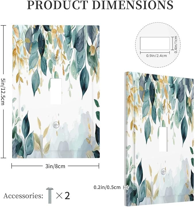Boho Goldgreen Leaf Botanical Eucalyptus Leaves Decorative Light Switch Cover 1 Gang Single Toggle Device Electrical Faceplate Switchplates Decorator Outlet Wall Plate for Bedroom Living Room Decor