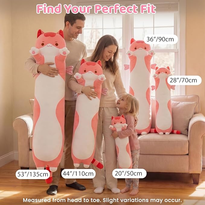 Mewaii Long Cat Plush 5 Sizes, 120% Extra Filling Giant Plushness Kids Body Pillow, Kawaii Cute Pink Cat Stuffed Animals Plushies, Big Long Body Pillow Cat Plush Gift for Girls 36”