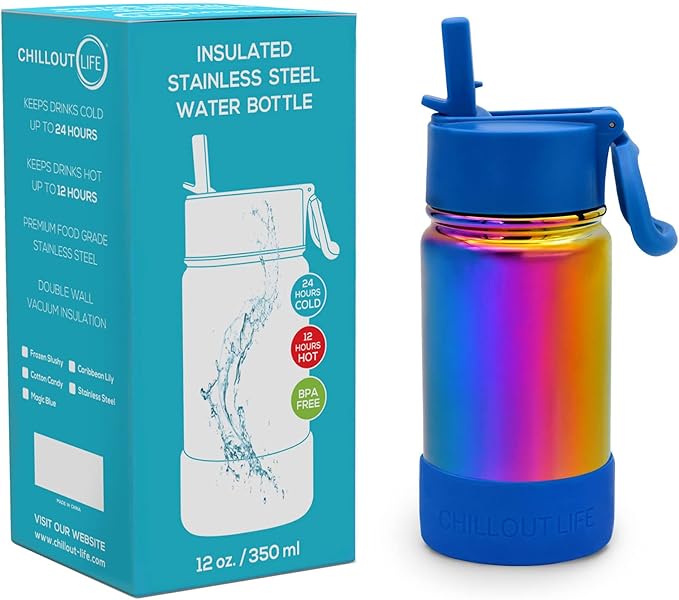 CHILLOUT LIFE 12 oz Kids Insulated Water Bottle for School with Straw Lid Leakproof and Cute Waterproof Stickers, Personalized Stainless Steel Thermos Flask Metal, Dishwasher Safe Color