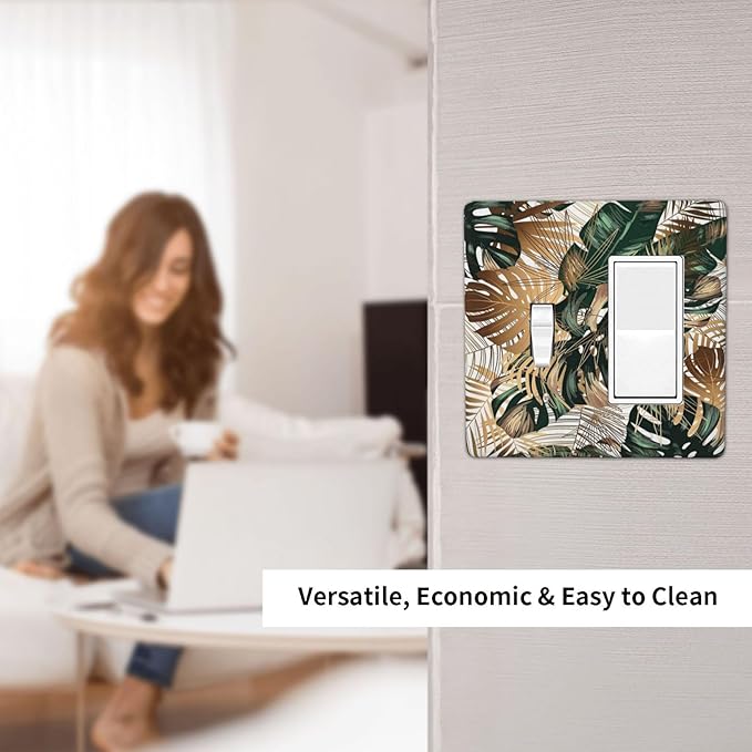 Green Tropical Leaves Gold Palm Leaf Botanical 2 Gang Single Toggle Rocker Combination Light Switch Cover Unique Decorative Wall Plate Cover Electrical Faceplate Switchplate for Bedroom Decor