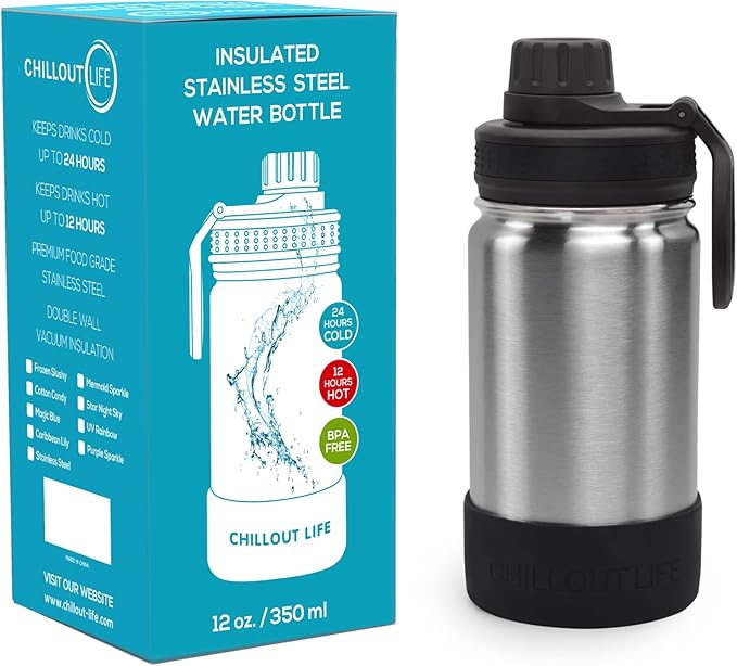 CHILLOUT LIFE 12 oz Kids Insulated Water Bottle for School with Leakproof Spout Lid and Cute Waterproof Stickers, Personalized Stainless Steel Thermos Flask Metal Water Bottle for Girls & Boys