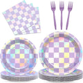 96Pcs Iridescent Birthday Party Supplies Purple Checkered Paper Plates Napkins Holographic Party Tableware Set Sparkle Tableware for Birthday Baby Shower Bachelorette Decoration Serve 24