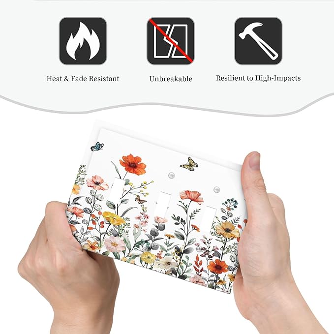 Colorful Butterfly Blossom Flower Floral 3 Gang Light Switch Plate Decorative Triple Toggle Wall Plate Cover Electrical Faceplate Switch Face Plate