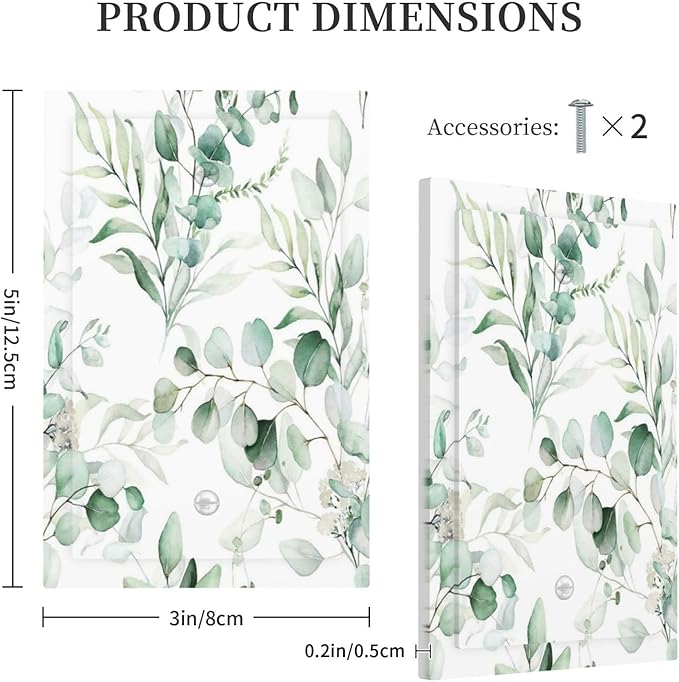 Boho Green Eucalyptus Leaf Floral Plants Flowers Light Switch Cover Plate 1 Gang No Device Blank Electrical Wall Plates Faceplate Decorative Switch Plate for Bed Room Living Room Decor