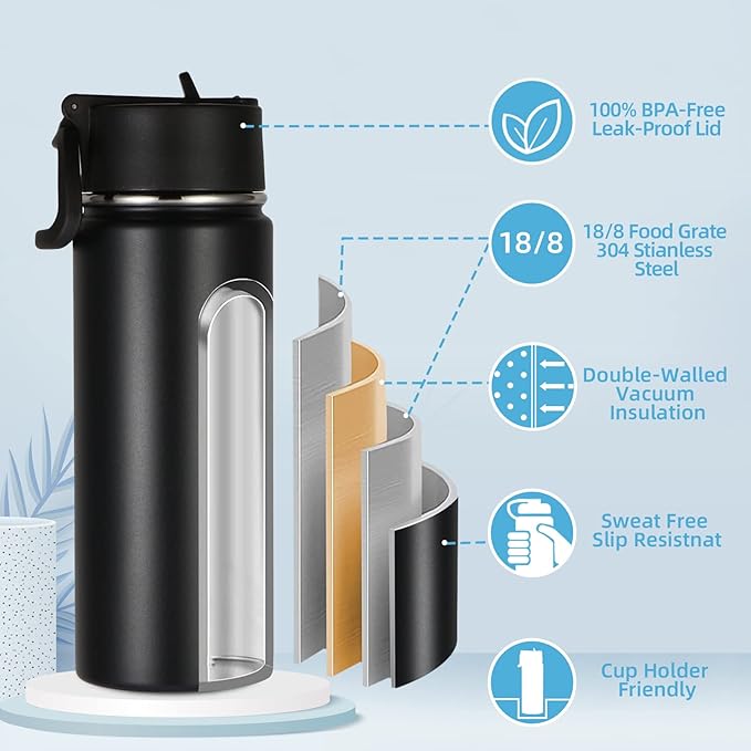 Volhoply 18oz Insulated Water Bottle Bulk 4 Pack,Kids Stainless Steel Water Bottles with Straw Lid,Double Wall Vacuum Metal Bottle,Wide Mouth Reusable Sports Flask For Cold Drink(Black,4 Set)