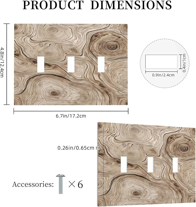 Tree Annual Rings Burl Texture Brown Wood Grain Print Decorative Switch Plates 3 Gang Wall Plate Triple Toggle Light Switch Cover Faceplate Electrical Wall Panels for Farmhouse Bedroom Decor