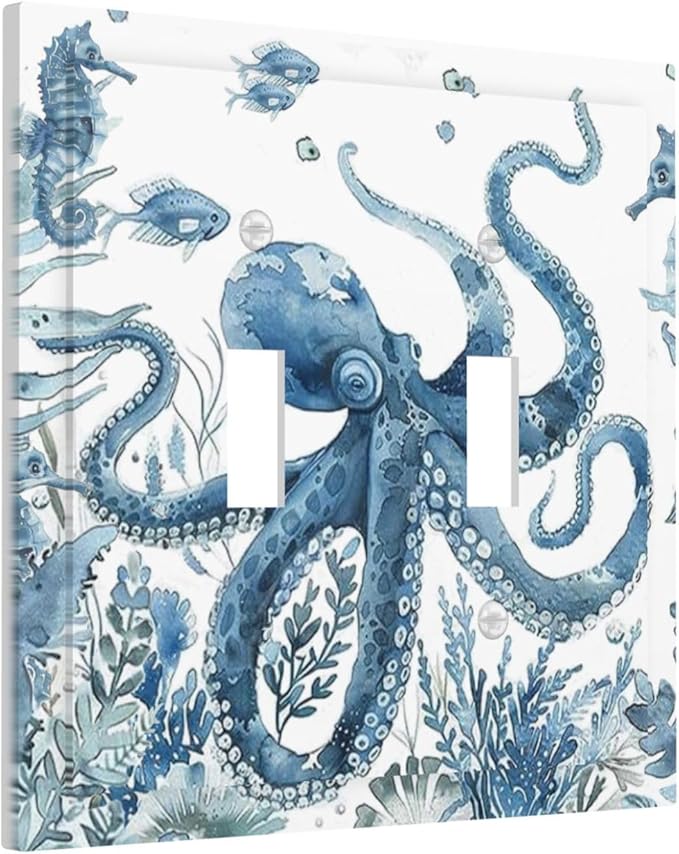 Blue Octopus Squid Seahorse Coral Watercolor Wild Sealife Decorative Switch Plates 2 Gang Double Toggle Outlet Light Switch Cover Wall Plate Electrical Faceplate for Bathroom Kids Room Decor