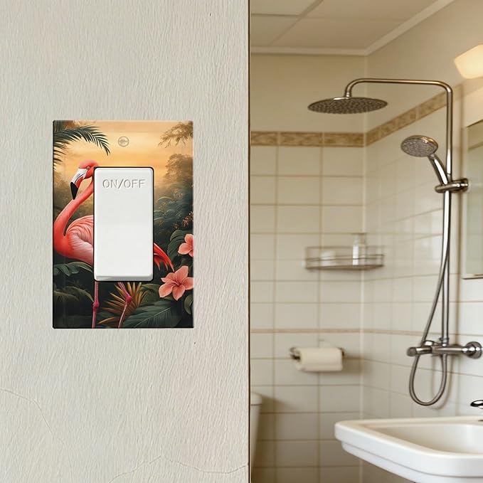 Tropical Flamingo Jungle Paradise Single Rocker Switch Cover - 1-Gang Standard US Size Exotic Jungle Escape Light Switch Covers for Bathroom Decor