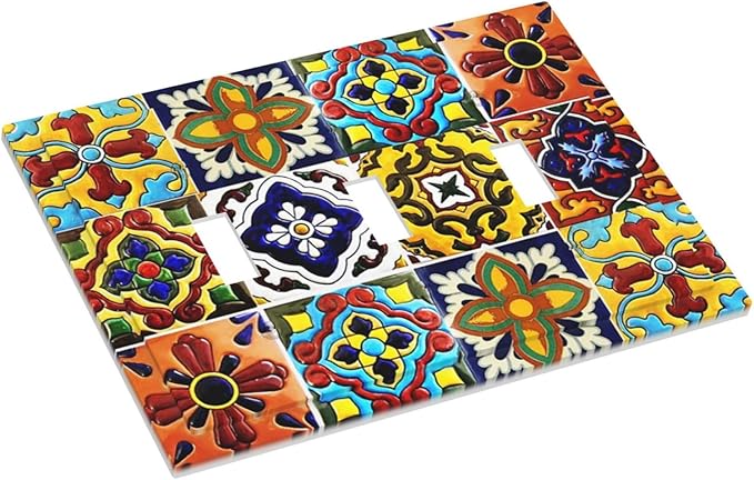 Colorful Boho Mexican Moroccan Tile Decorative Triple Toggle Outlet Light Switch Cover Vintage Kitchen Bohemian Mexico Tiles Jungle 3 Gang Wall Plate Electrical Faceplate Three Device Switchplate