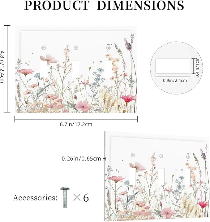 Watercolor Wildflower Pink Flower Plant Floral Decorative Switch Plates 3 Gang Wall Plate Triple Toggle Light Switch Cover Faceplate Electrical Wall Panels for Bedroom Living Room Decor