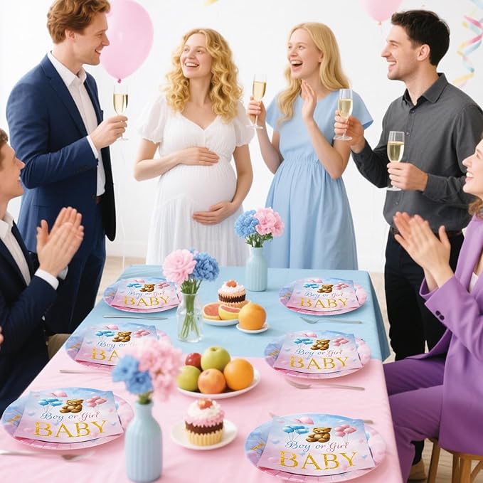 40 Pcs Gender Reveal Decorations - Boy or Girl Plates and Napkins Set, Pink and Blue Baby Bear Paper Plates Napkins Disposable Tableware for Gender Reveal Party Supplies Table Decor Favors, Serve 20