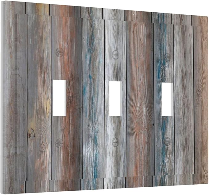 Light Switch Cover Vintage Blue Grey Wood Plank 3 Gang Wall Plate Triple Light Switch Plate Rustic Country Toggle Decorative Outlet Covers Electrical Switchplate for Farmhouse Home Decor