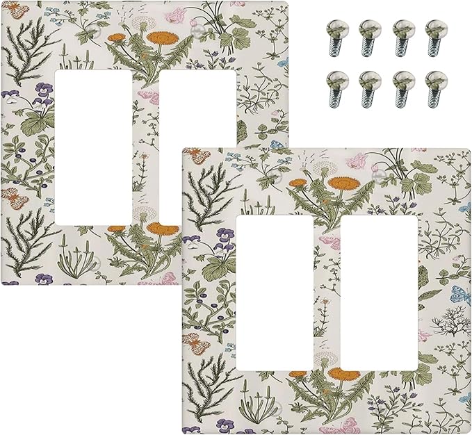 Outlet Covers Boho Floral Vintage Flowers Plants 1 Gang Duplex Light Switch Cover Plate Decorative Wall Plates Electrical Switchplate Receptacle for Bathroom Bedroom Decor（2 Pack）