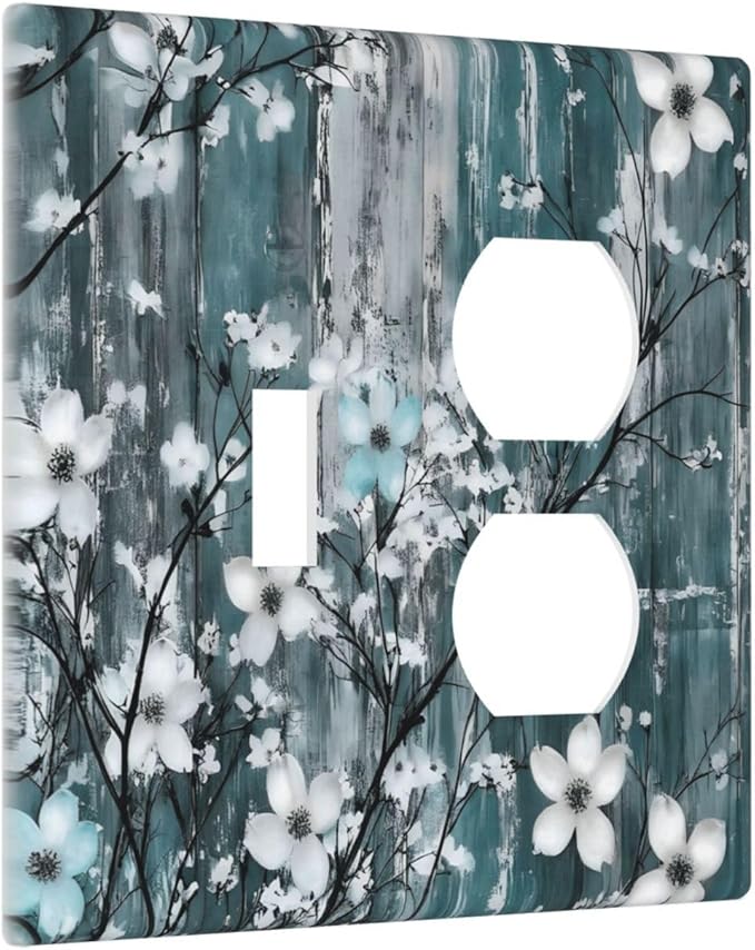 Rustic Blue Watercolor Flower Wooden Background Wallplates 1 Toggle 1 Duplex Switch Plate Electrical GFCI Faceplate Decorative Light Switch Covers for Bedroom Living Room Decor