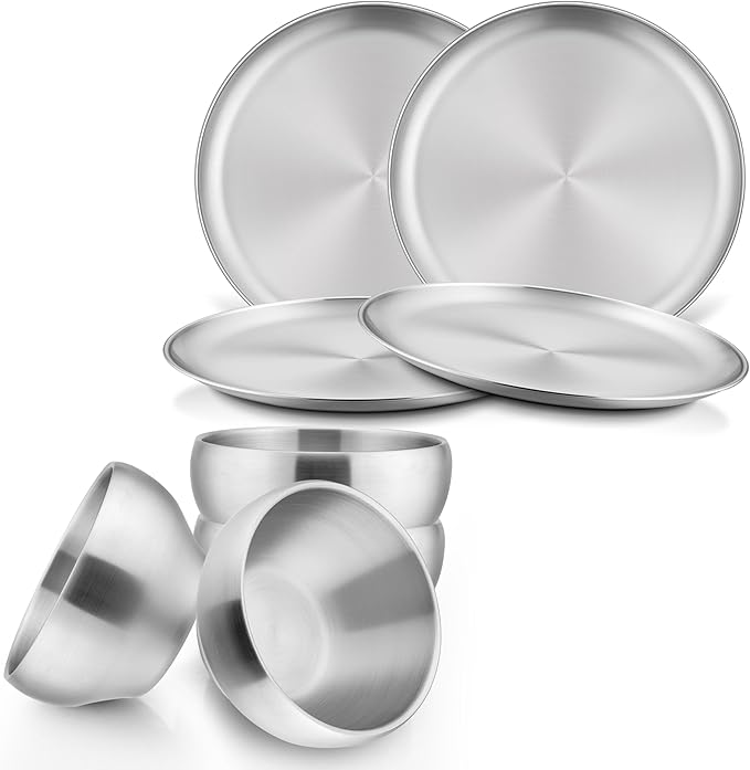 HaWare Kids Plates and Bowls, 8 Pieces Stainless Steel Dish Set, Reusable Dinnerware for Camping, Hiking, Travel, Picnic, Non-toxic Tableware set for Kids Self-feeding, Dishwasher Safe