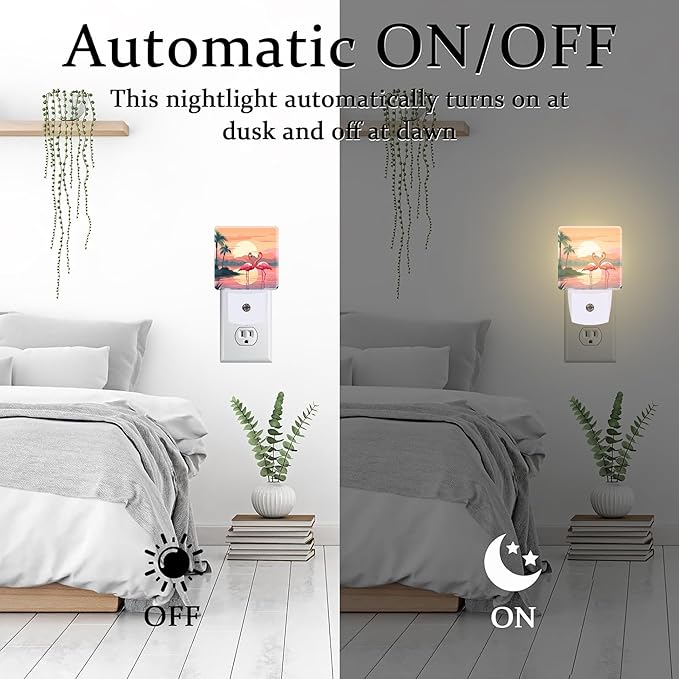 Pink Flamingos at Sunset Night Light for Kids,Summer Beach Tropical Palm Tree Night Light Plug in with Dusk to Dawn Sensor,0.5w Energy Saving Nightlight for Hallway Stairway Kitchen Bedroom